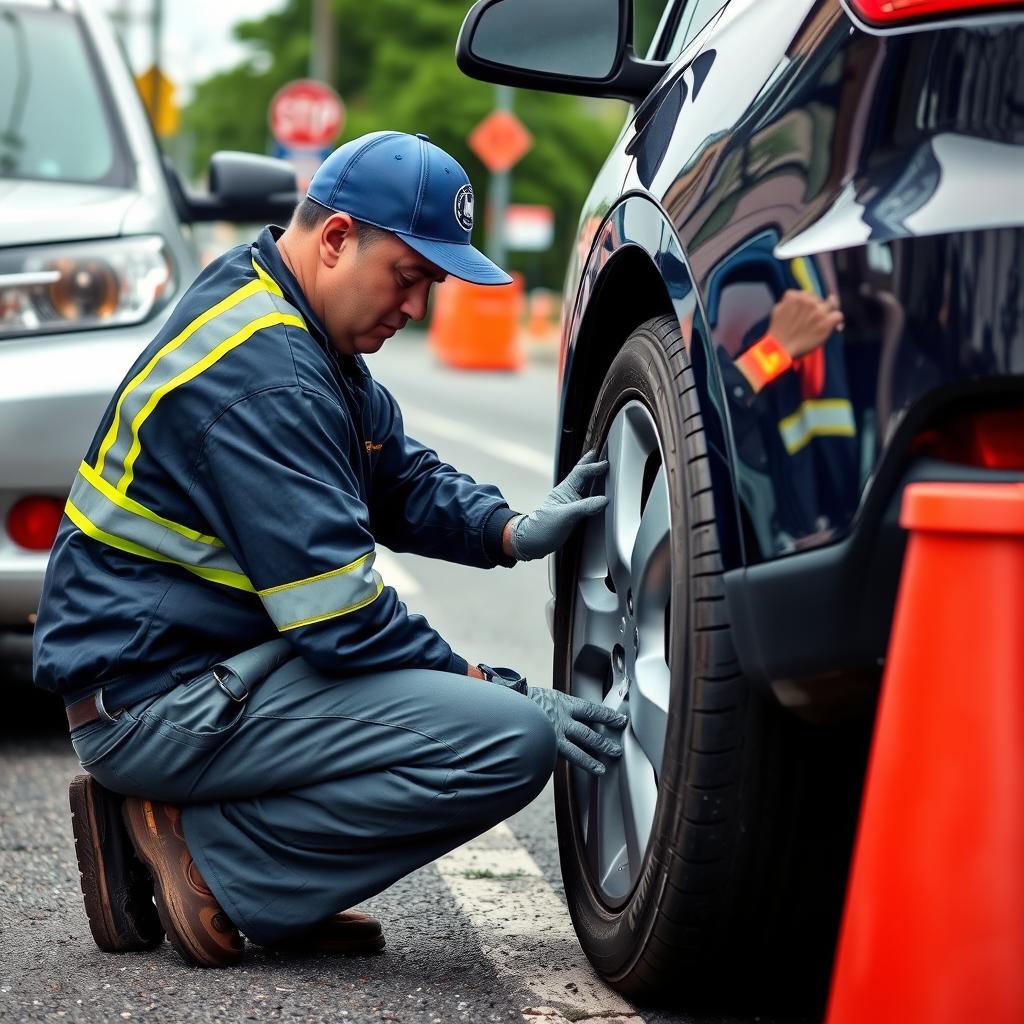 Roadside technician changing flat tire on Memphis street