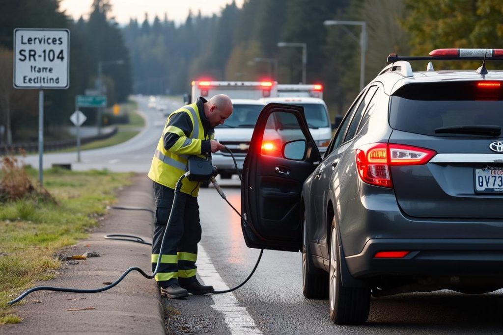 Roadside technician delivering emergency fuel to a stranded motorist in Edmonds