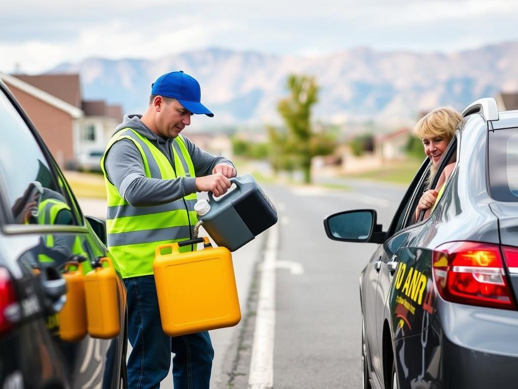 Roadside technician delivering fuel to stranded motorist in Lehi