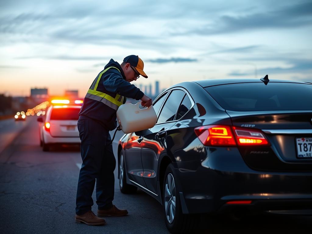 Roadside technician delivering fuel to stranded motorist in Lombard