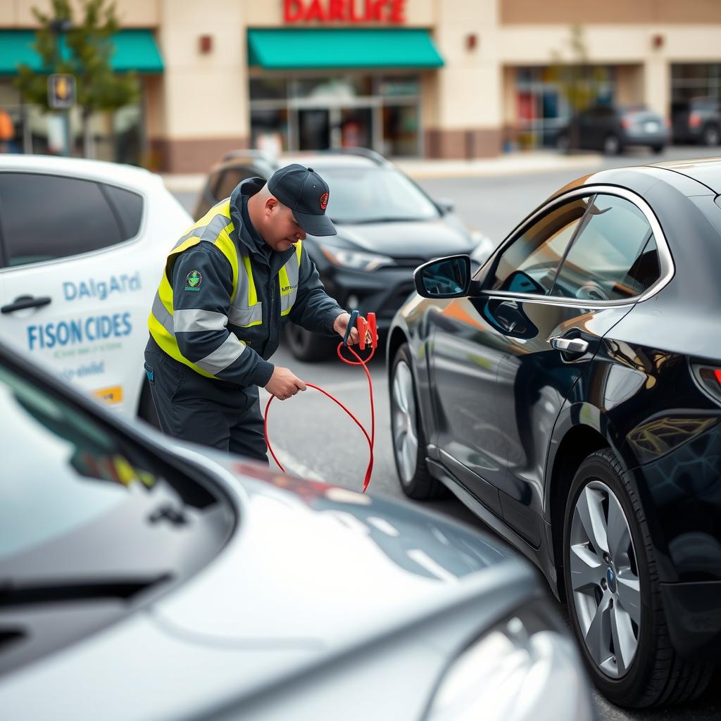 Roadside technician jump-starting a car battery in a Dayton parking lot
