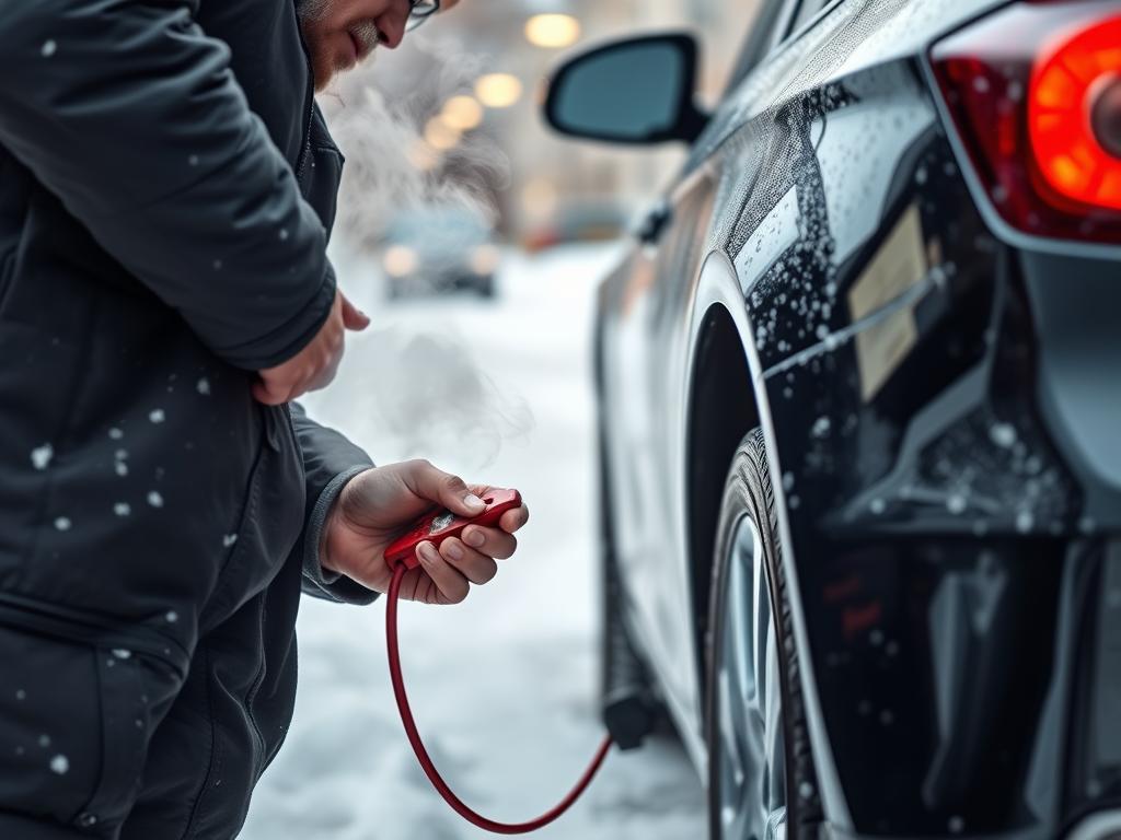 Roadside technician jump-starting car battery in Cleveland winter
