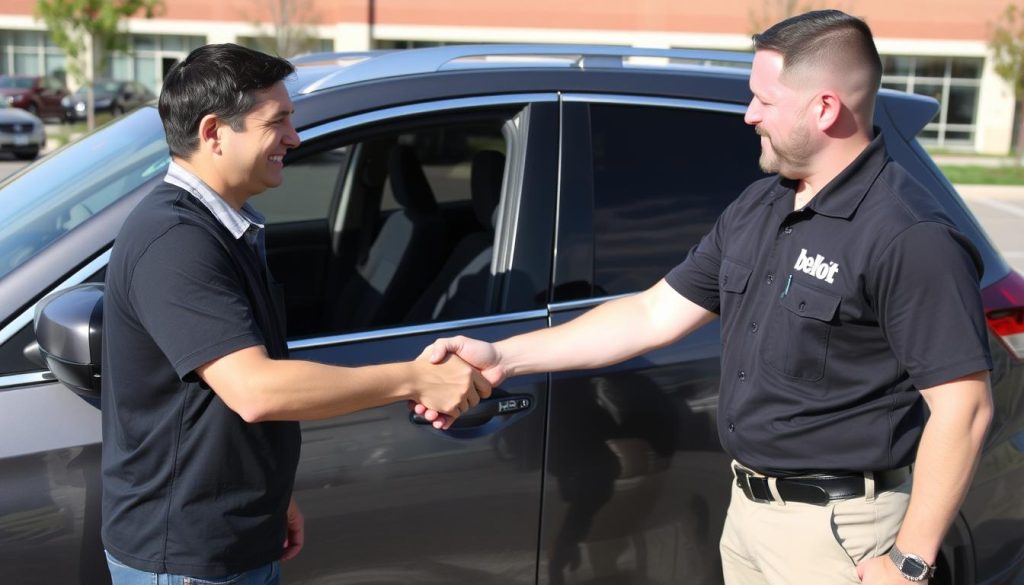 Satisfied customer receiving auto lockout service from technician in Beloit, Wisconsin