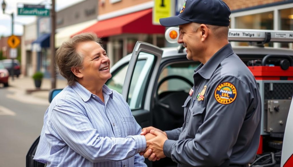 Satisfied customer thanking roadside assistance technician in Elkhart
