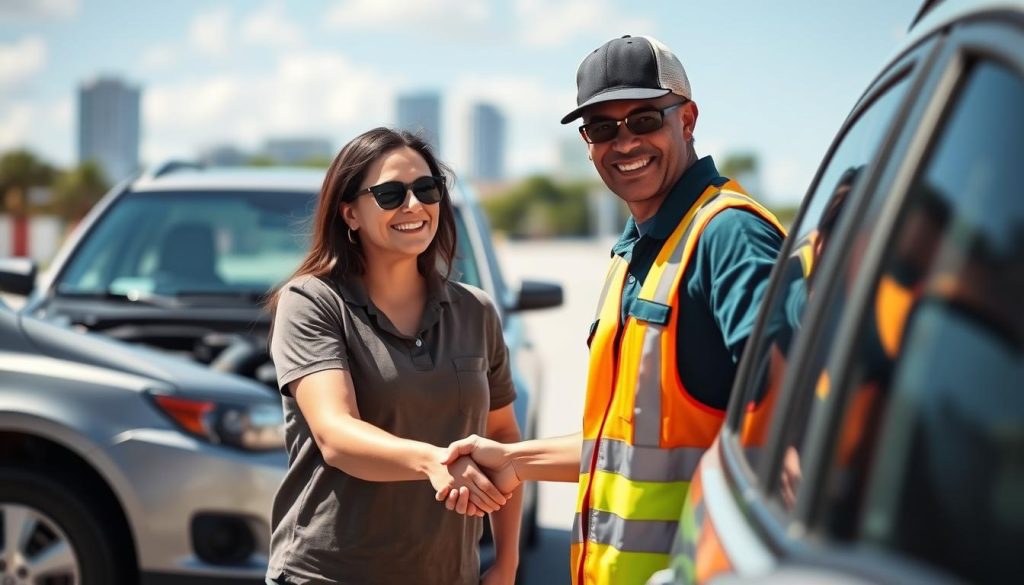 Satisfied customer thanking roadside assistance technician in Fort Pierce