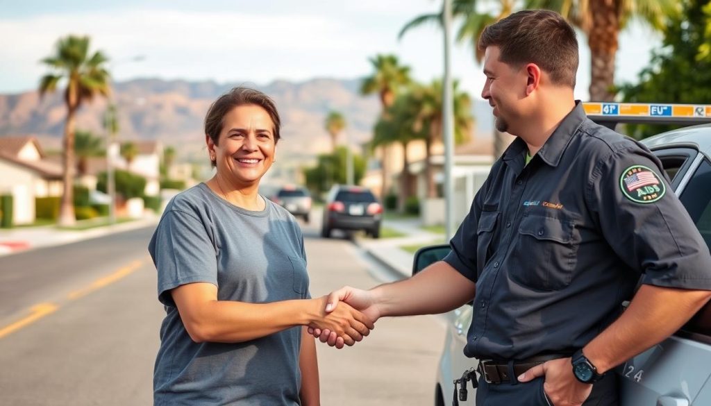 Satisfied customer thanking roadside assistance technician in Moreno Valley