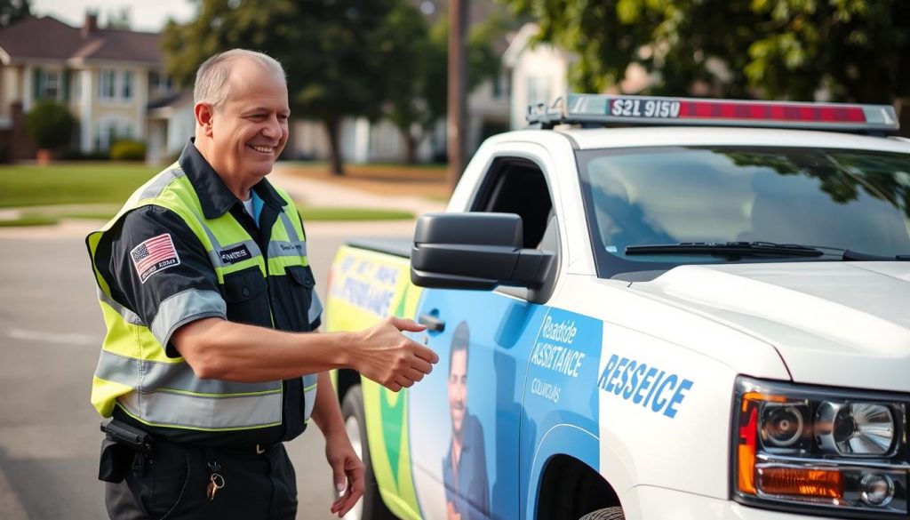 Satisfied customer with roadside assistance technician in Columbus, Ohio