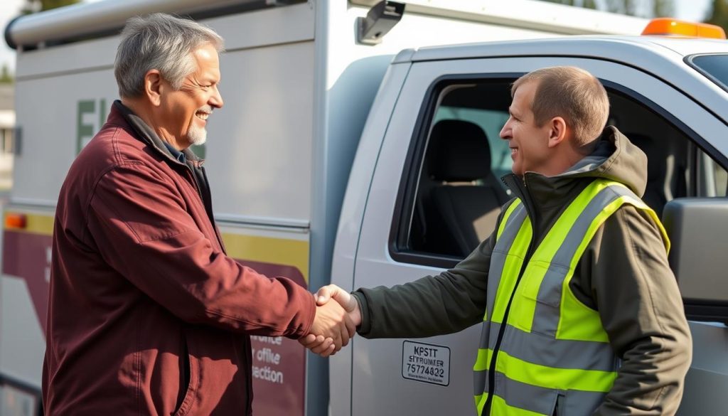 Satisfied customer with roadside assistance technician in Corvallis, Oregon