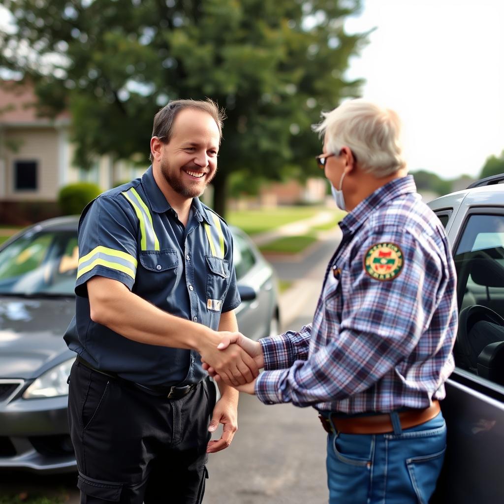 Satisfied customer with roadside assistance technician in Springfield, Missouri