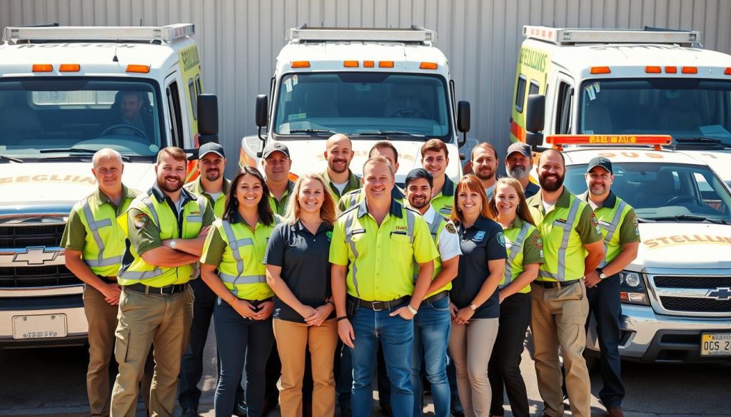 Successful roadside assistance team in front of service vehicles