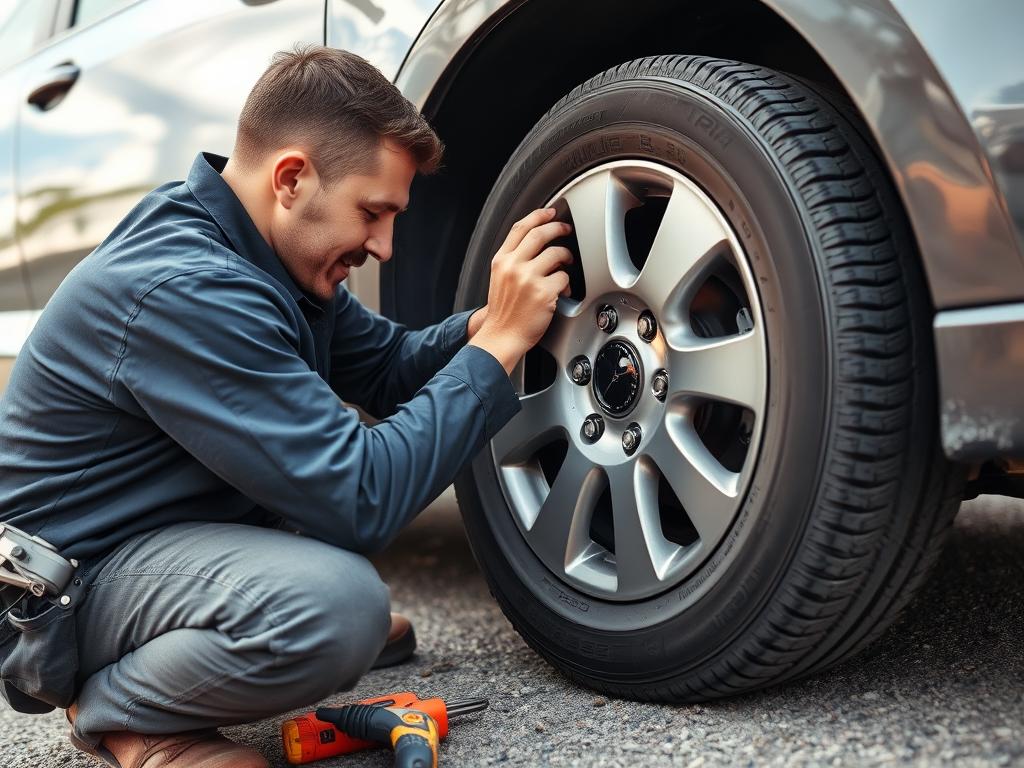 Technician changing a flat tire as part of roadside assistance in Springfield, Missouri