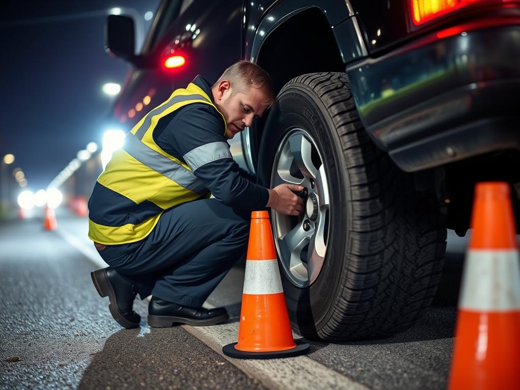 Technician changing a flat tire during roadside assistance in Grand Island, Nebraska