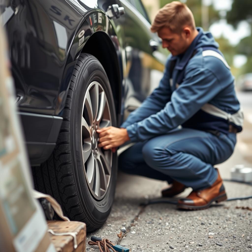 Technician changing a flat tire in Charleston, South Carolina