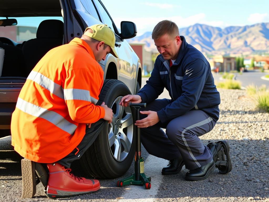 Technician changing a flat tire near Traverse Mountain in Lehi