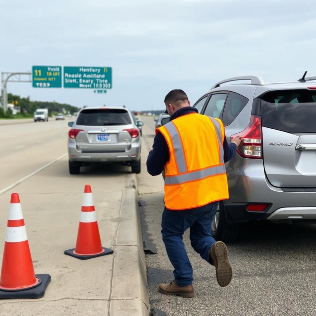 Technician changing a flat tire on a Dayton highway shoulder