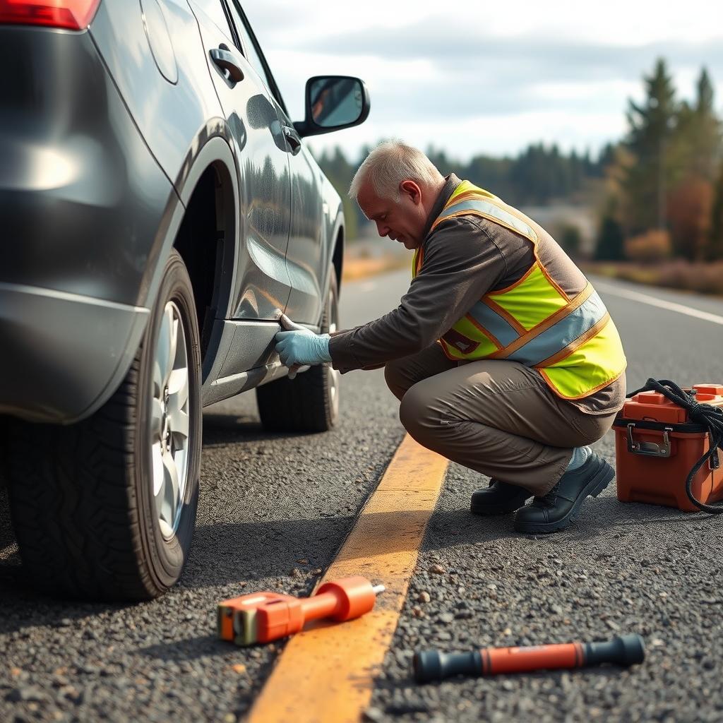 Technician changing a flat tire on a roadside in Corvallis