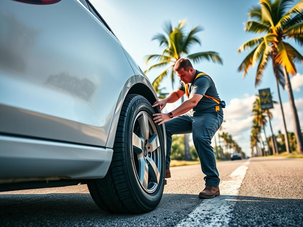 Technician changing a flat tire on a vehicle in Fort Pierce