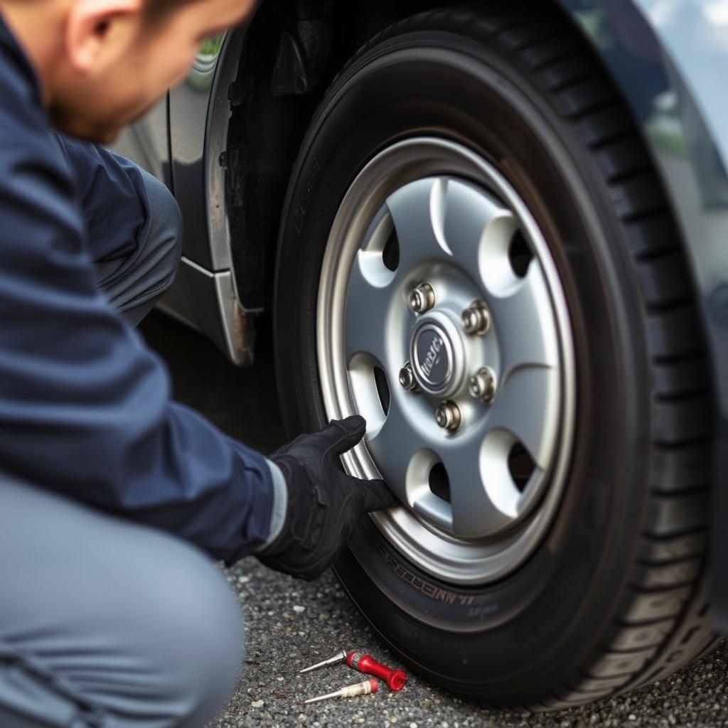 Technician changing a flat tire on a vehicle in Jeffersonville, Indiana