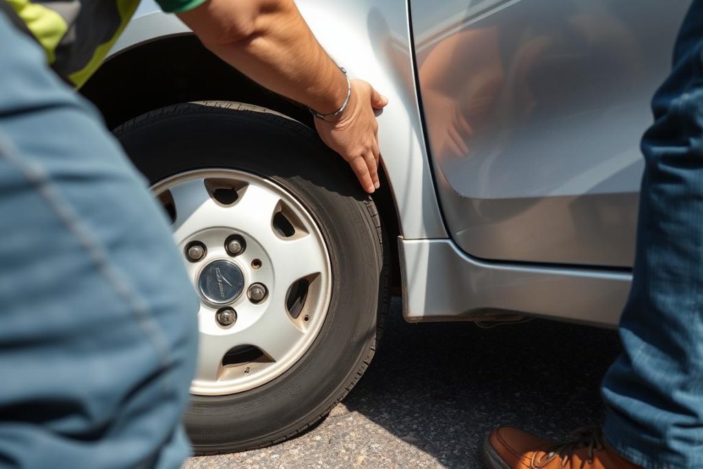 Technician changing flat tire during roadside assistance in Yuma, Arizona