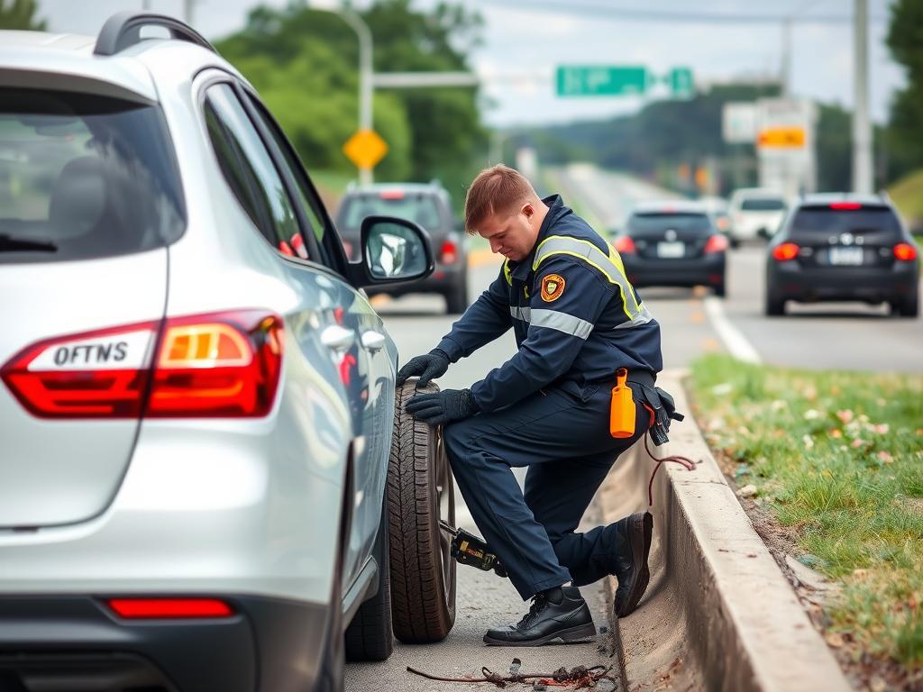 Technician changing flat tire on a vehicle in Dayton