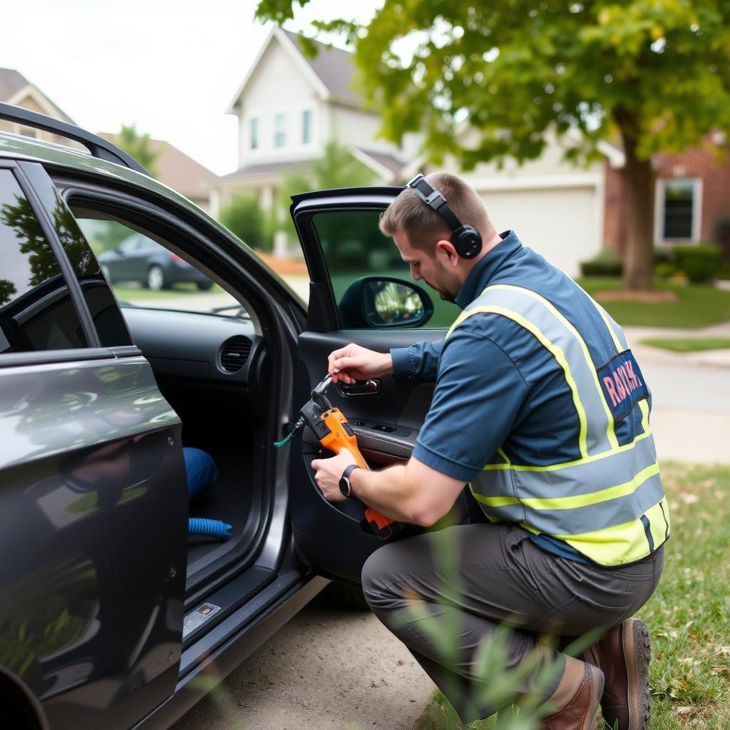 Technician helping driver locked out of car in Dayton neighborhood
