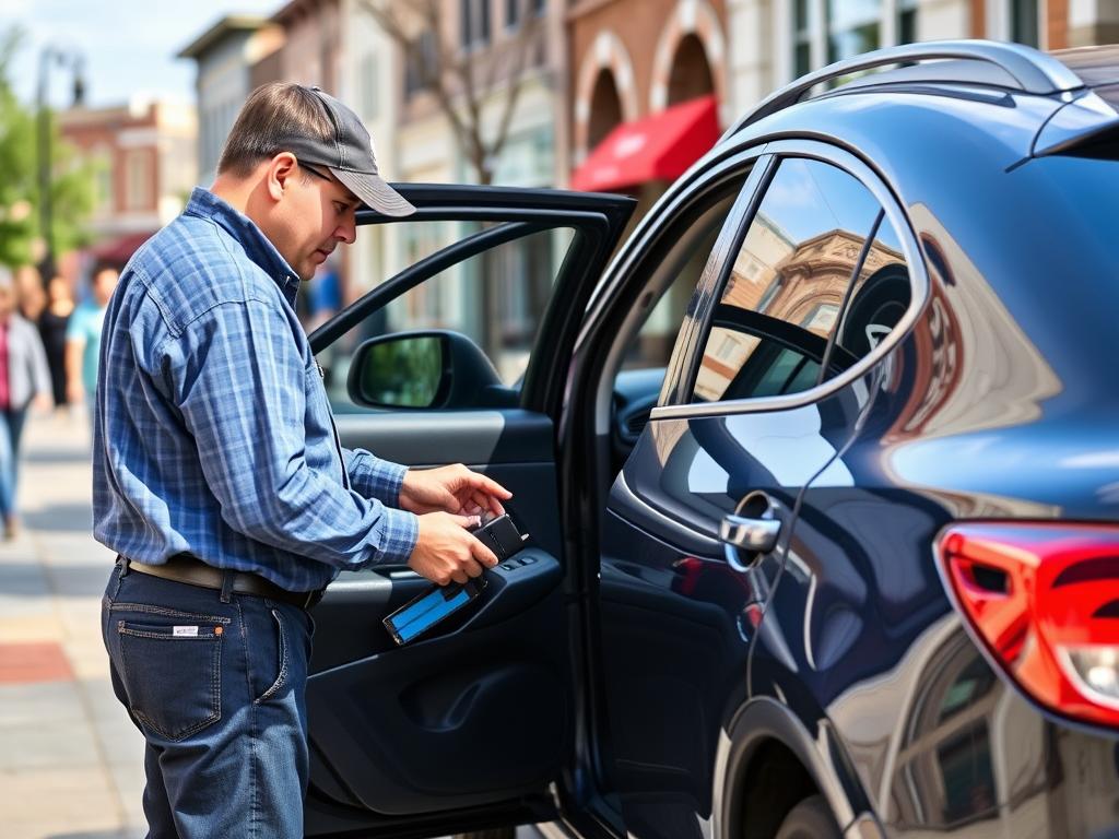 Technician helping with car lockout in downtown Lehi, Utah