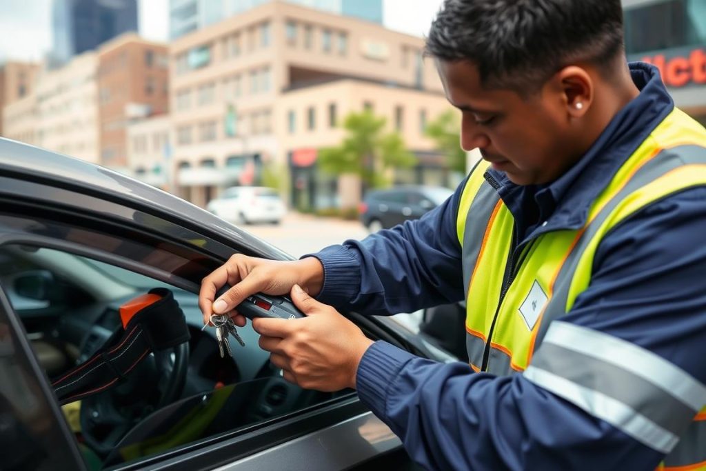Technician helping with car lockout service in downtown Peoria