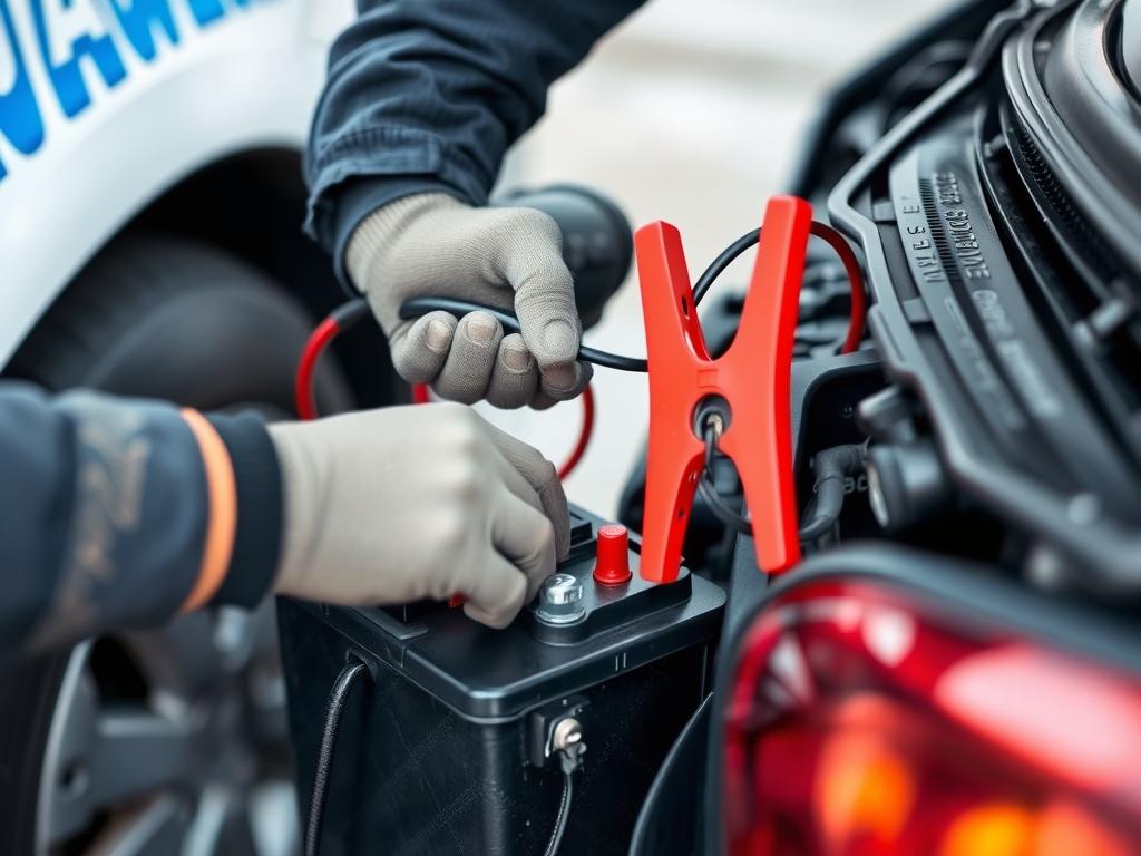 Technician jump-starting a car battery in Idaho Falls