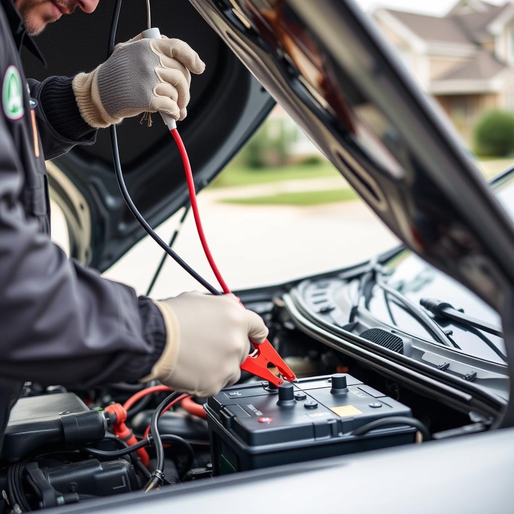Technician jump-starting a dead car battery in Lombard