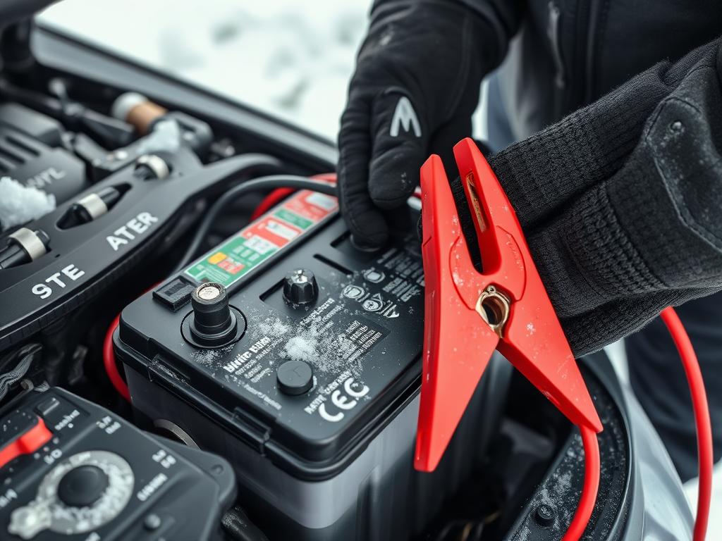 Technician performing a battery jump-start during winter in Peoria, Illinois