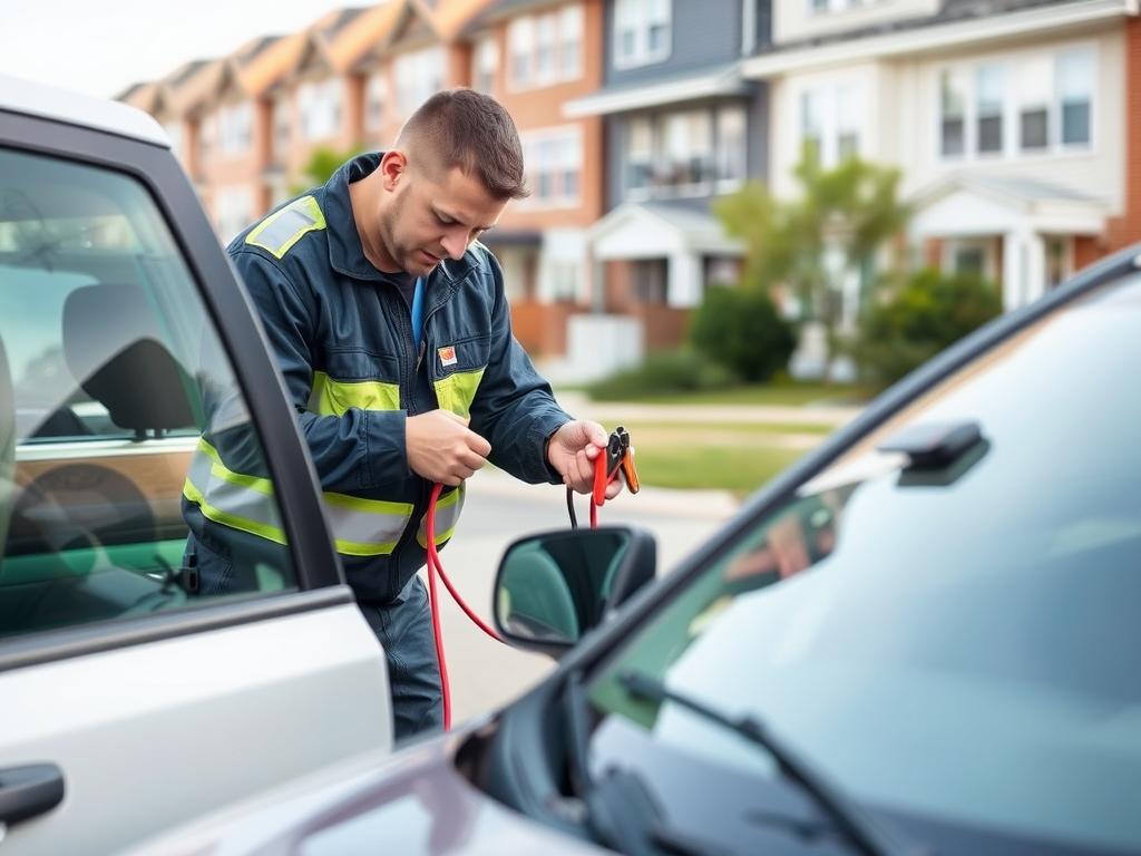 Technician performing a battery jump-start for roadside assistance in Camden