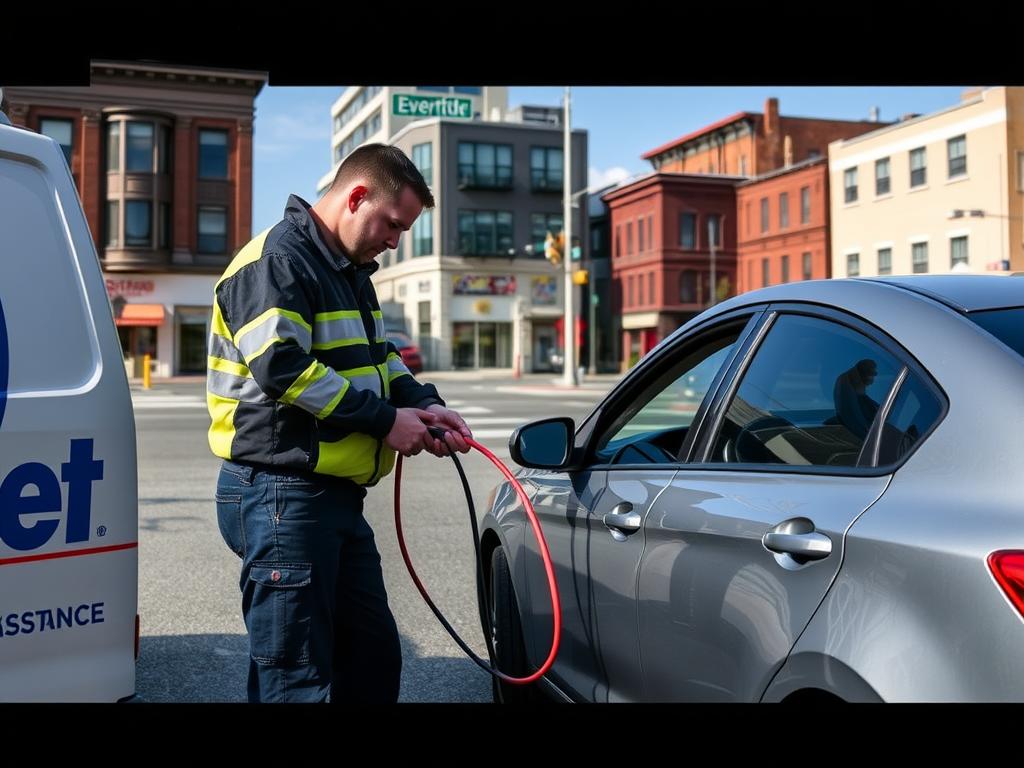 Technician performing a battery jump-start in Everett, MA
