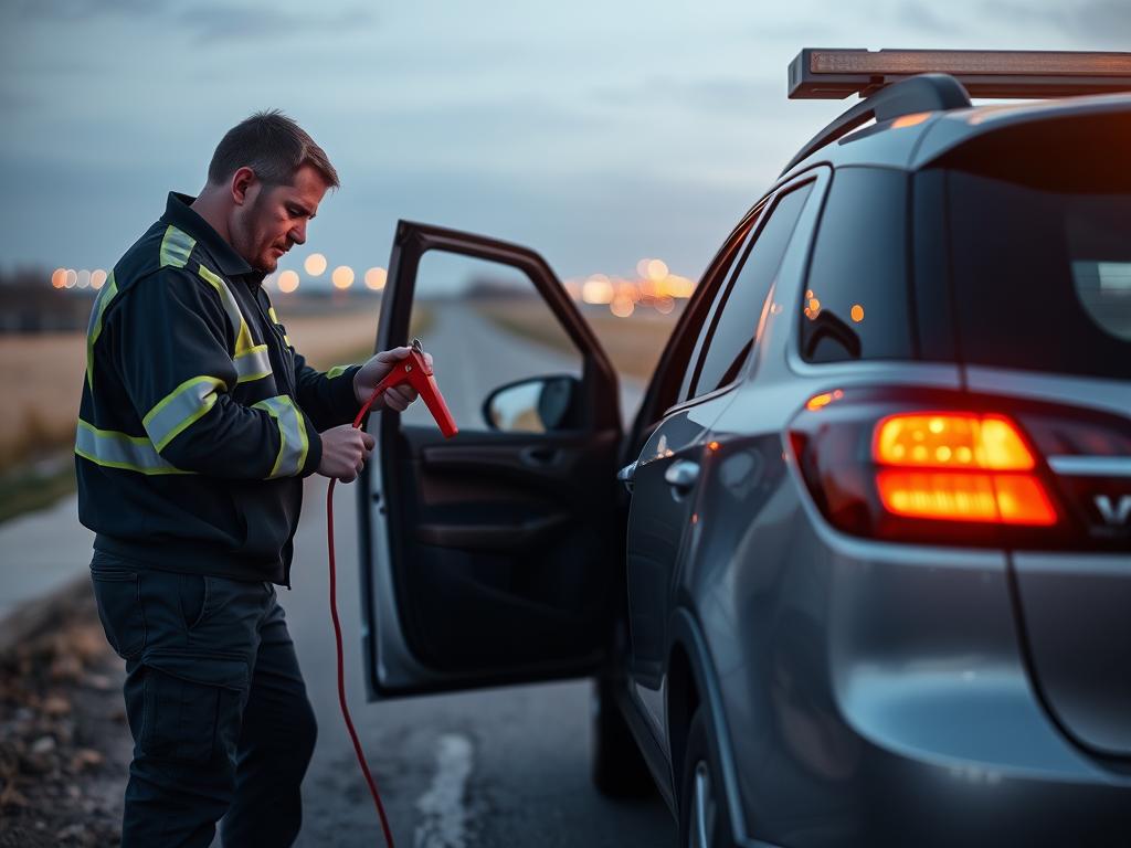 Technician performing a battery jump start in Hutchinson, Kansas
