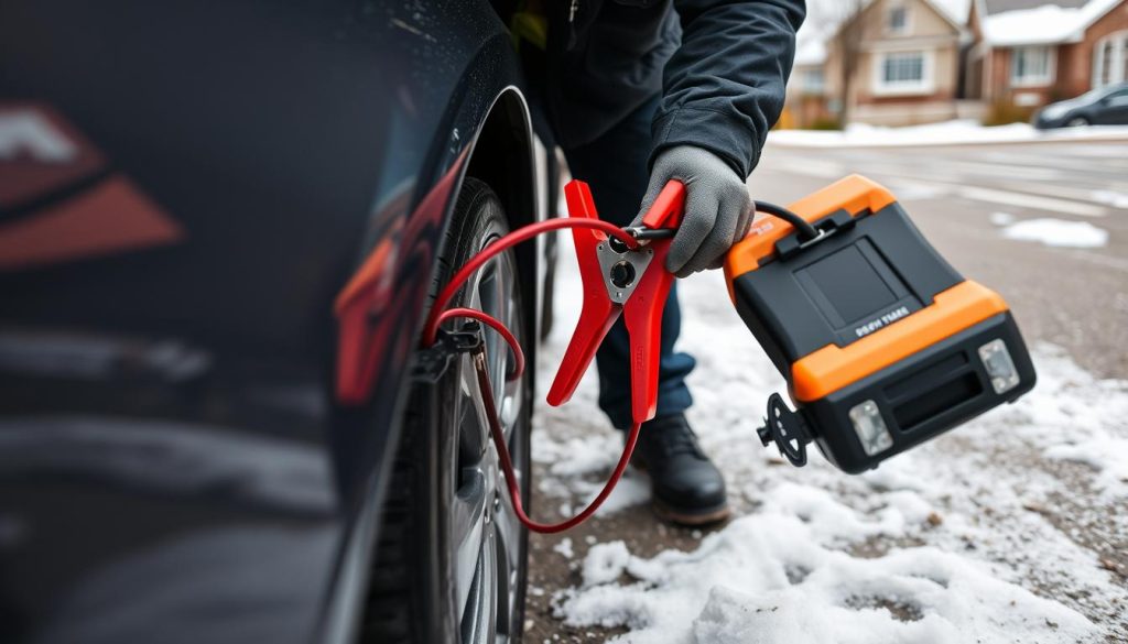 Technician performing a battery jump start service in Columbus, Ohio during winter