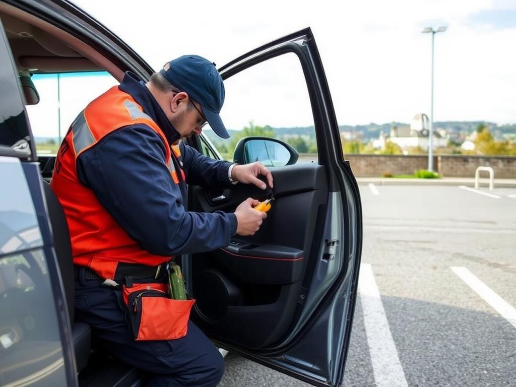 Technician performing a car lockout service in Everett, MA