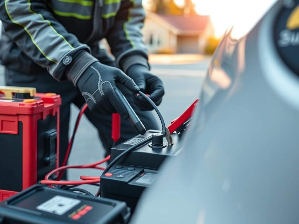 Technician performing a jump start service on a vehicle in Edmonds
