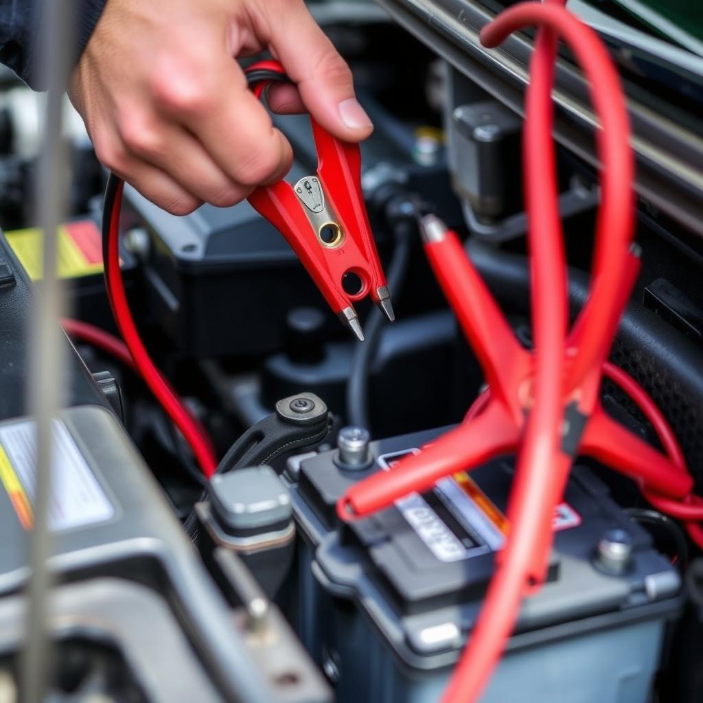 Technician performing battery jump start for roadside assistance in Clarksville, Tennessee
