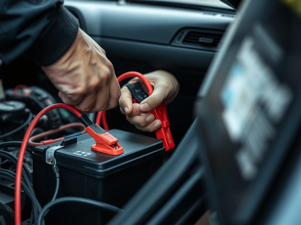 Technician performing battery jump-start in Hoboken