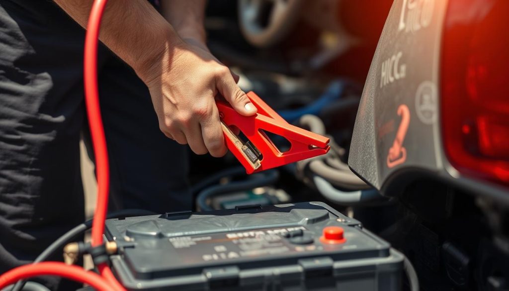 Technician performing battery jump-start service for roadside assistance in Moreno Valley