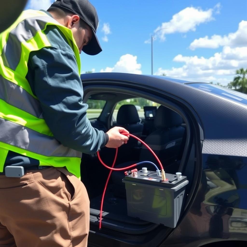 Technician performing battery jump-start service for roadside assistance in Orlando