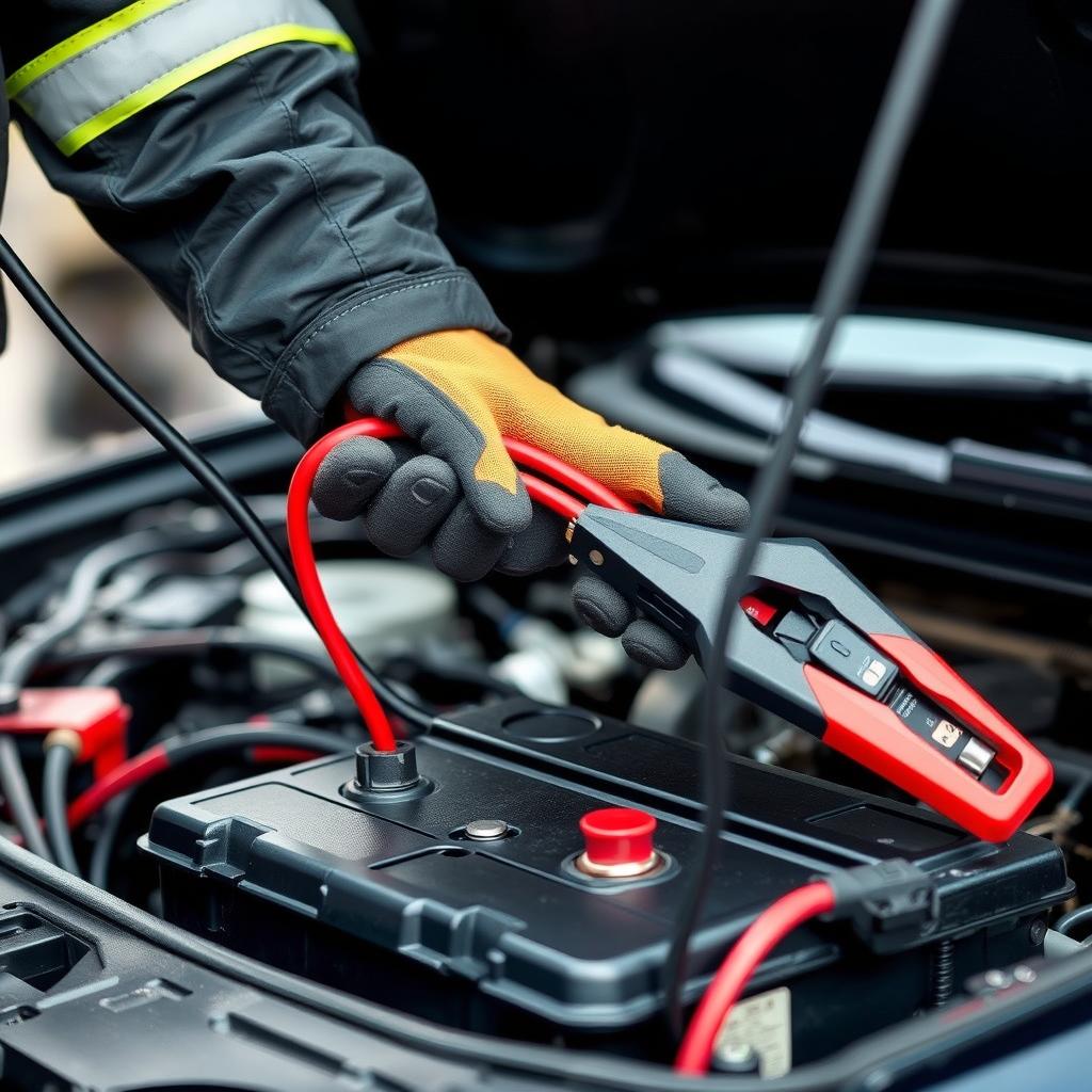 Technician performing battery jump start service in Lee's Summit
