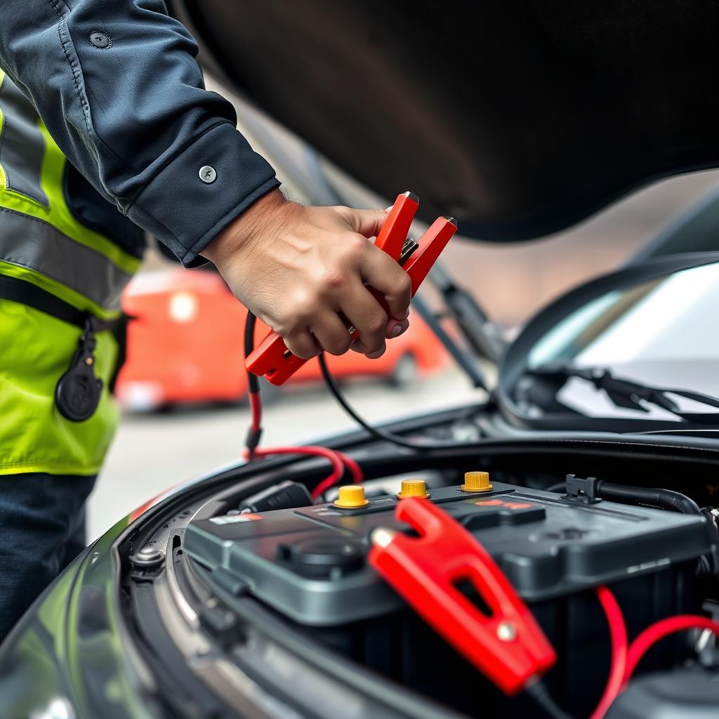 Technician performing battery jump start service in Memphis