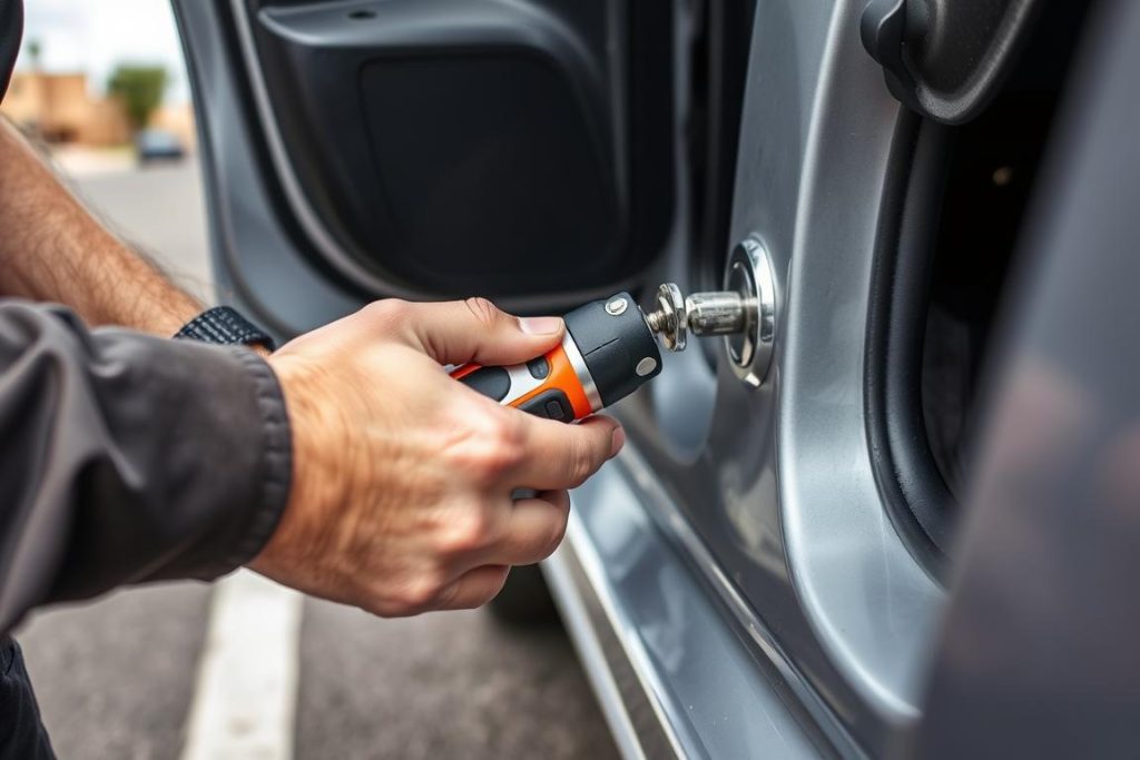 Technician unlocking car door during roadside assistance in Yuma, Arizona