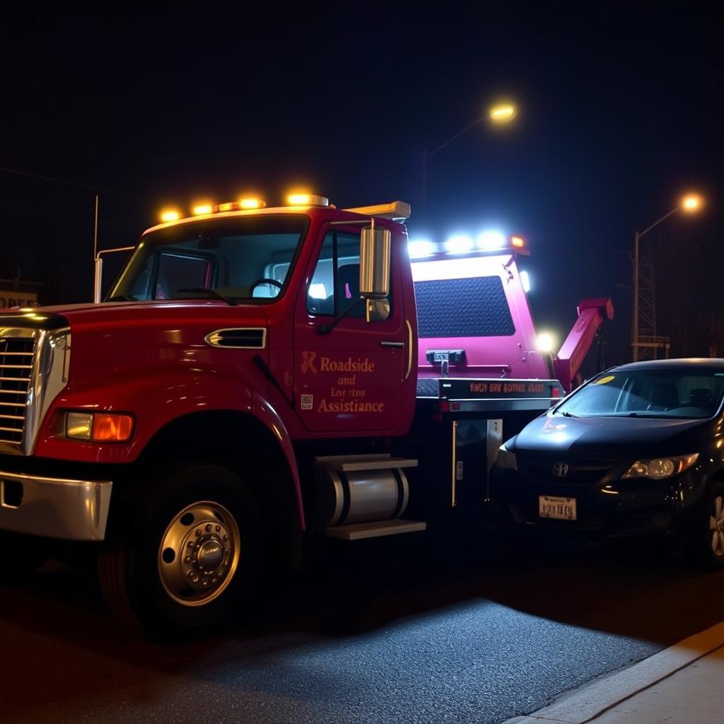 Tow truck assisting a broken-down vehicle at night in Dayton