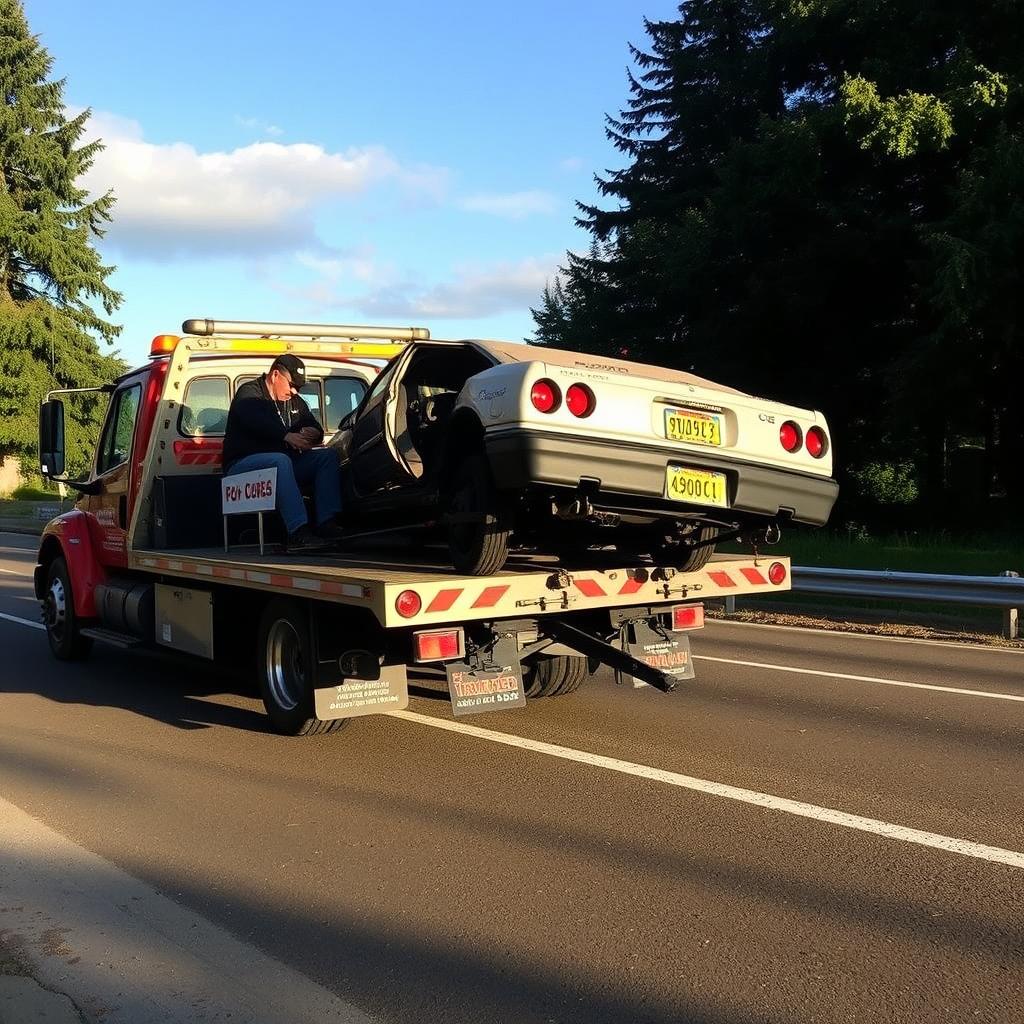 Tow truck assisting a broken down vehicle in Corvallis