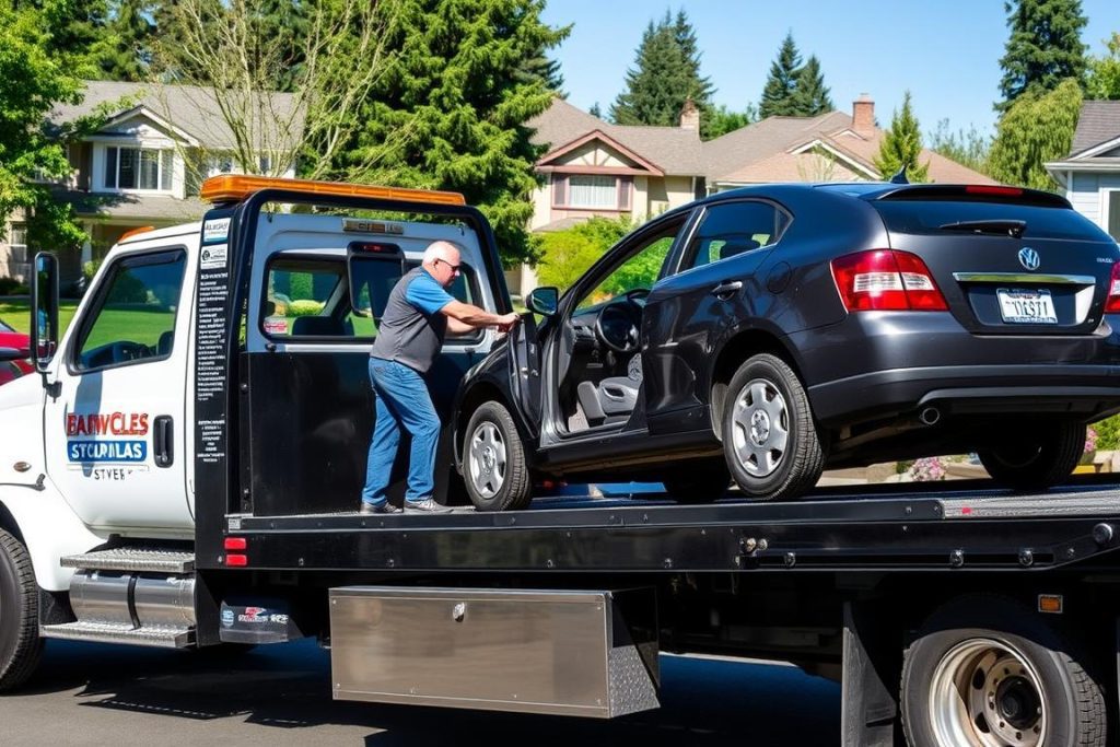 Tow truck loading a disabled vehicle in Edmonds, Washington