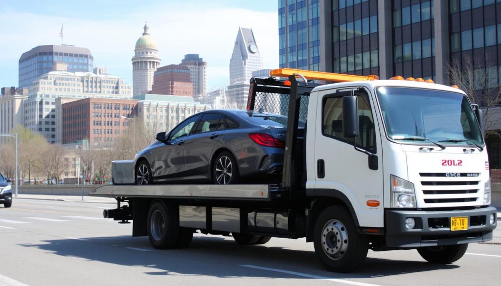 Tow truck loading a disabled vehicle in downtown Columbus, Ohio