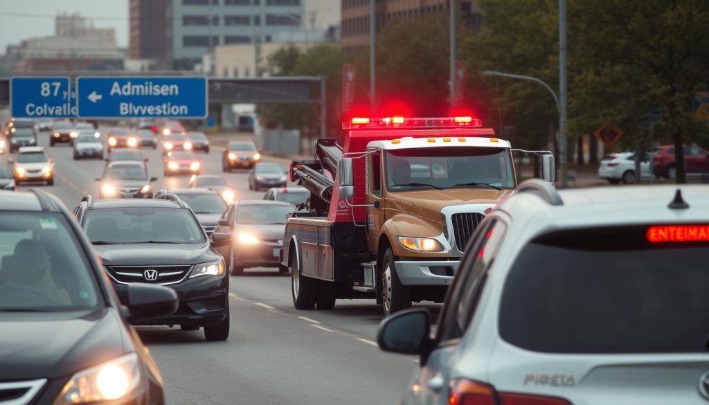 Tow truck navigating through Camden traffic to provide roadside assistance