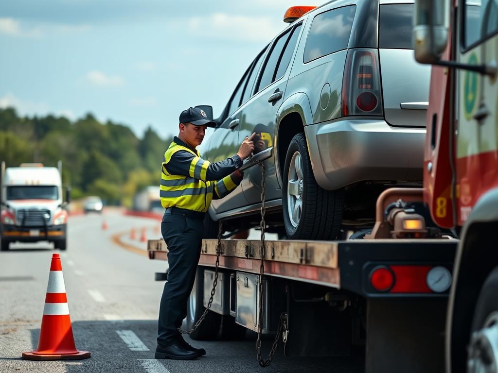 Tow truck operator securing a vehicle for transport