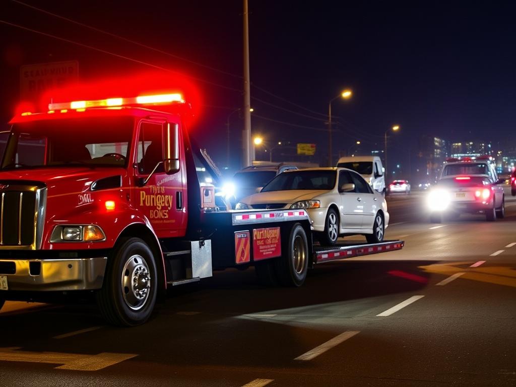Tow truck providing emergency roadside assistance in Camden at night